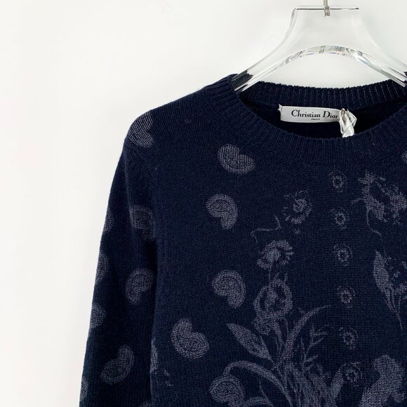 DW0471 Christian Dior Blue Flower Inlay Cashmere Round Neck Long Sleeve Sweater - Picture 3 of 8